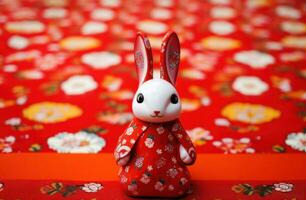 AI generated on red cloth there is a figurine of a bunny bunny. photo