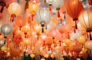 AI generated many multicolored paper lanterns hanging in the air, photo