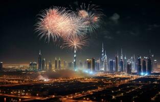 AI generated fireworks explode over a city at night, photo