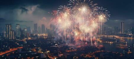 AI generated fireworks explode in an city during the new year photo
