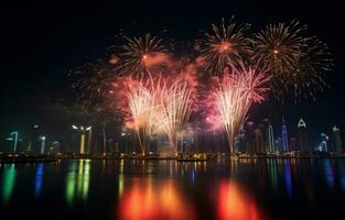 AI generated fireworks explode over a city at night, photo