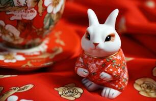 AI generated on red cloth there is a figurine of a bunny bunny. photo