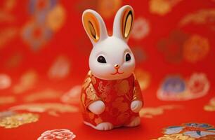 AI generated on red cloth there is a figurine of a bunny bunny. photo