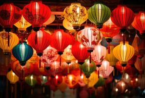 AI generated many multicolored paper lanterns hanging in the air, photo