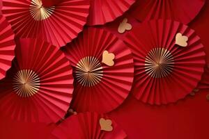 AI generated paper fans with leaves on red background photo