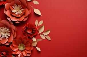 AI generated paper fans with leaves on red background photo