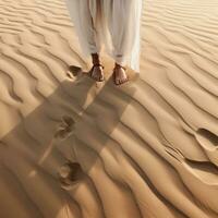 AI generated person standing in sand wearing sandals, photo