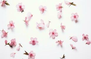 ai generado rosado flores con hojas que cae apagado en blanco antecedentes con primavera floreciente foto