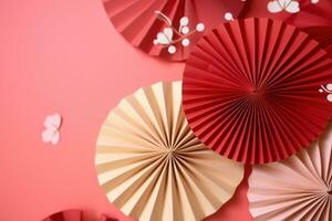 AI generated paper fans with leaves on red background photo