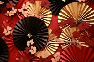 AI generated paper fans with leaves on red background photo