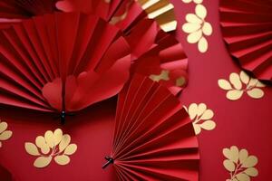 AI generated paper fans with leaves on red background photo