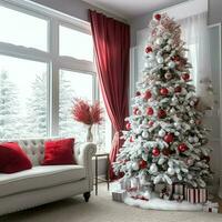 Cosy living room with beautiful christmas tree and red gifts in modern interior. Interior of living room decorated for merry christmas with socks, gift boxes and christmas accessories by AI Generated photo