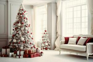 Cosy living room with beautiful christmas tree and red gifts in modern interior. Interior of living room decorated for merry christmas with socks, gift boxes and christmas accessories by AI Generated photo