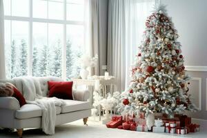 Cosy living room with beautiful christmas tree and red gifts in modern interior. Interior of living room decorated for merry christmas with socks, gift boxes and christmas accessories by AI Generated photo