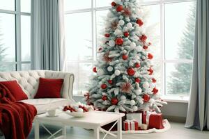 Cosy living room with beautiful christmas tree and red gifts in modern interior. Interior of living room decorated for merry christmas with socks, gift boxes and christmas accessories by AI Generated photo