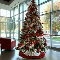 Cosy living room with beautiful christmas tree and red gifts in modern interior. Interior of living room decorated for merry christmas with socks, gift boxes and christmas accessories by AI Generated photo