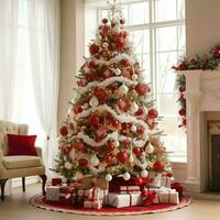 acogedor vivo habitación con hermosa Navidad árbol y rojo regalos en moderno interior. interior de vivo habitación decorado para alegre Navidad con medias, regalo cajas y Navidad accesorios por ai generado foto