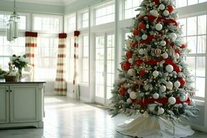 Cosy living room with beautiful christmas tree and red gifts in modern interior. Interior of living room decorated for merry christmas with socks, gift boxes and christmas accessories by AI Generated photo