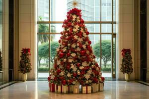 Cosy living room with beautiful christmas tree and red gifts in modern interior. Interior of living room decorated for merry christmas with socks, gift boxes and christmas accessories by AI Generated photo