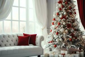 Cosy living room with beautiful christmas tree and red gifts in modern interior. Interior of living room decorated for merry christmas with socks, gift boxes and christmas accessories by AI Generated photo