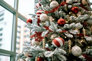 Cosy living room with beautiful christmas tree and red gifts in modern interior. Interior of living room decorated for merry christmas with socks, gift boxes and christmas accessories by AI Generated photo