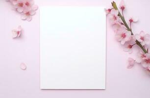 AI generated pink flowers with white blank notepad standing on a pink counter. photo