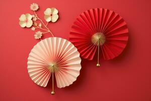 AI generated paper fans with leaves on red background photo