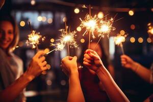 AI generated people at a party holding sparklers photo