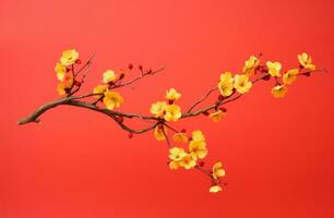 AI generated red blossom with branch isolated on yellow background photo