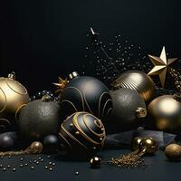 AI generated more golden holiday ornaments on a dark background, photo