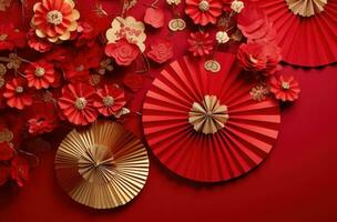 AI generated red and gold paper decorations placed against a red background photo