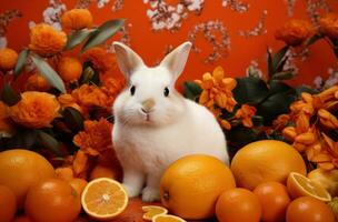 AI generated one rabbit and orange on a flowery background. photo