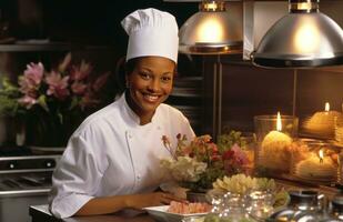 ai generado afroamericano hembra cocinar en un cocina vestido en blanco uniformes foto