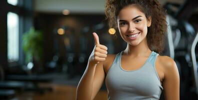 AI generated a young woman giving a thumbs up in a gym, photo