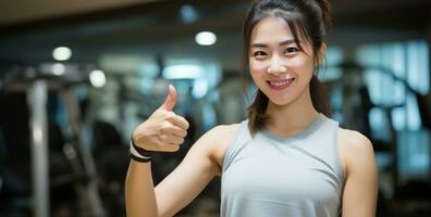 AI generated a young woman giving a thumbs up in a gym, photo