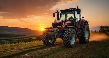 AI generated a tractor working on a field at sunset photo