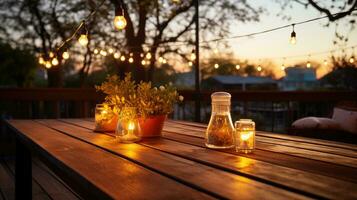 AI generated a table with lots of outdoor lights and a wooden deck photo