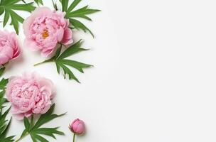 AI generated pink peony flowers on white with green leaves minimalist backgrounds photo