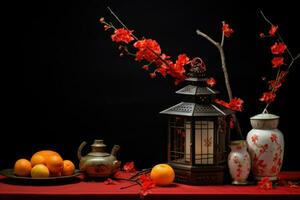 ai generado rojo linternas, frutas, naranjas, limones y papel grúas foto