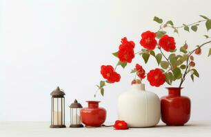 AI generated red lanterns and flowers against a white stone background photo