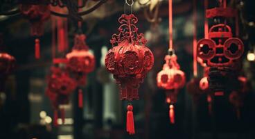 AI generated red lanterns hanging from a wooden tassel, photo