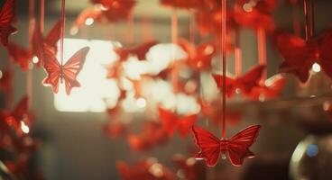 AI generated red holiday decorations in the shape of fish and butterflies. photo