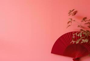 AI generated red fan with plants on the pink background photo