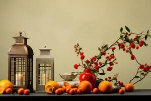 AI generated red lanterns, fruits, oranges, lemons and paper cranes. photo