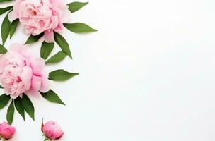 AI generated pink peony flowers on white with green leaves minimalist backgrounds photo