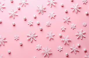 ai generado nieve copos en un rosado antecedentes foto