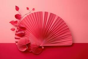 AI generated red paper fan with red leaves and buds and pink background photo