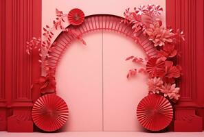 ai generado rojo papel ventilador con hojas en eso en rosado antecedentes en frente de el puerta foto