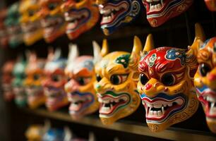 ai generado varios chino mascaras forrado en líneas en un almacenar. foto