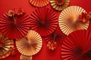 AI generated red paper paper fans on red background photo